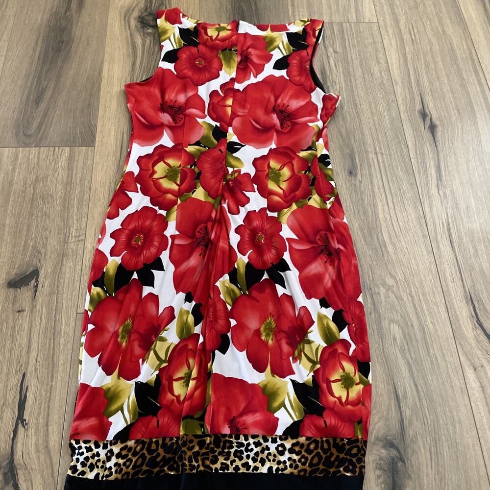 Cache Womens Sleeveless Red Floral Leopard Trim Sheath Dress Size 8 Slinky Knit - Picture 9 of 9